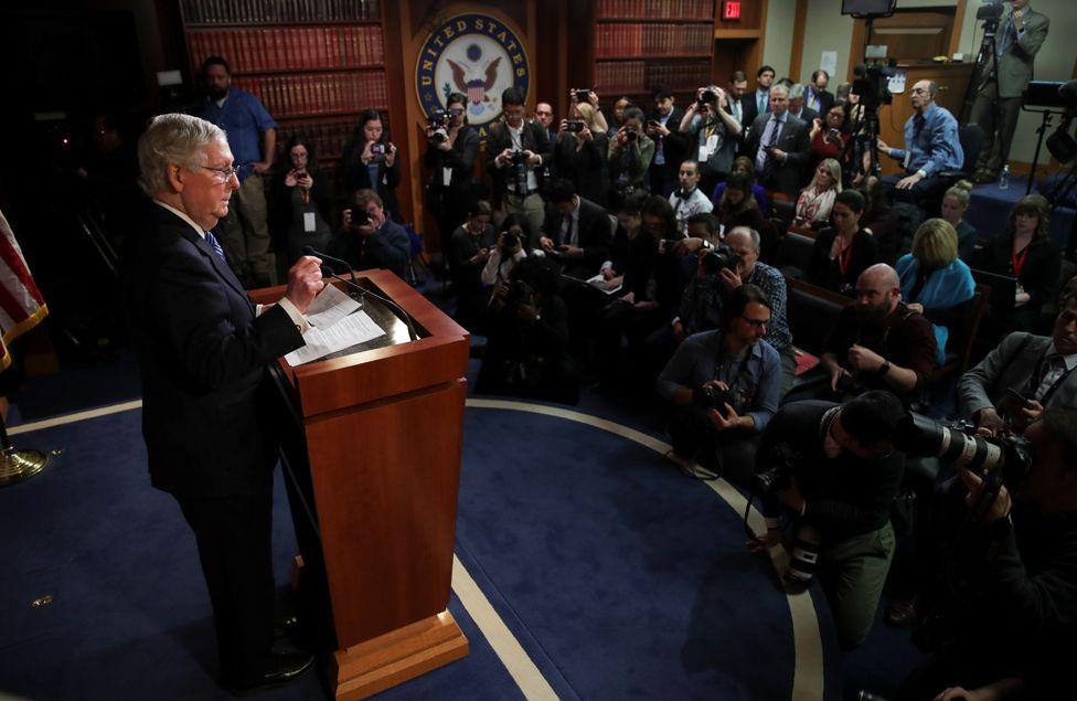 US Senate Majority Leader Mitch McConnell talks to reporters after the Senate voted to acquit US President Trump of both charges in his Senate impeachment trial 5 Feb 2020.  