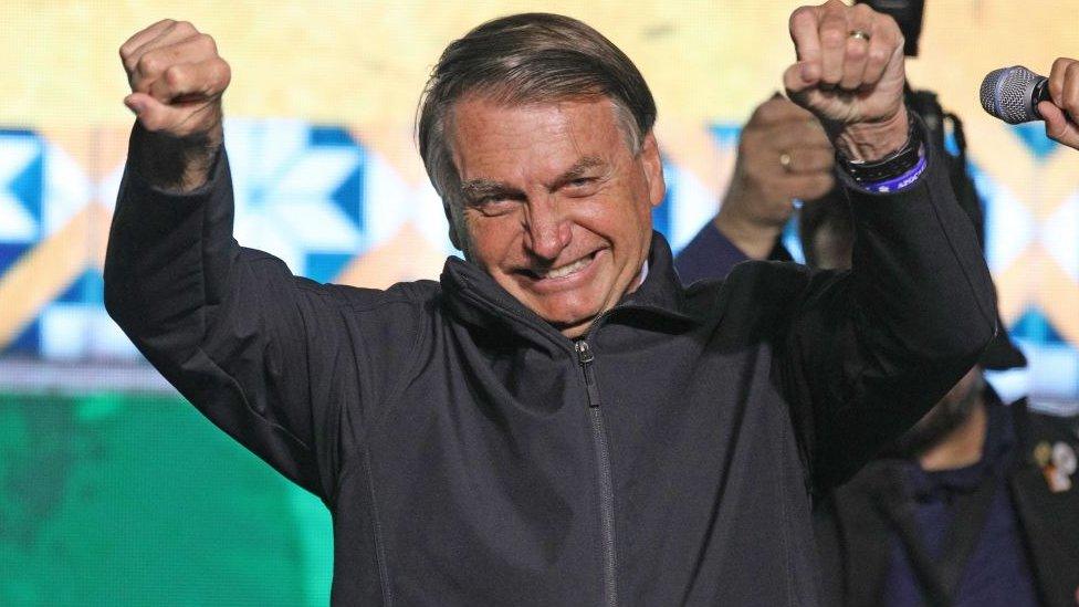 Jair Bolsonaro speaking to Brazilian expatriate supporters in Florida in June 2022