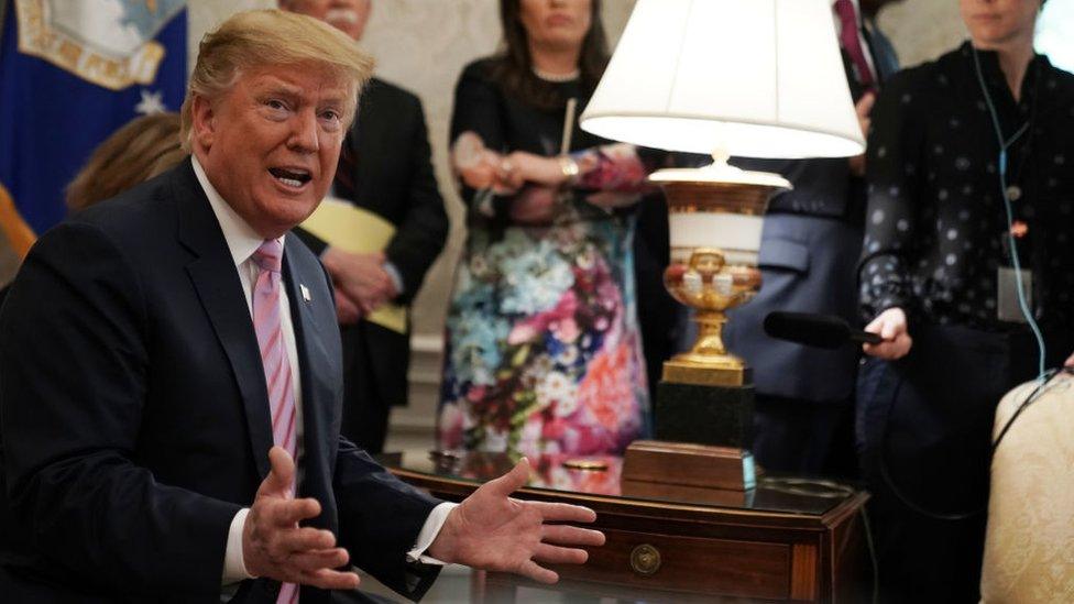 U.S. President Donald Trump speaks during a meeting with Egyptian President Abdel-Fattah el-Sisi in the Oval Office of the White House April 9, 2019