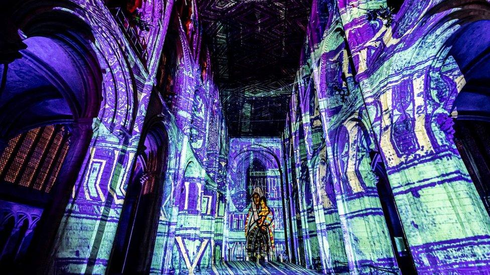 Light show inside Peterborough Cathedral