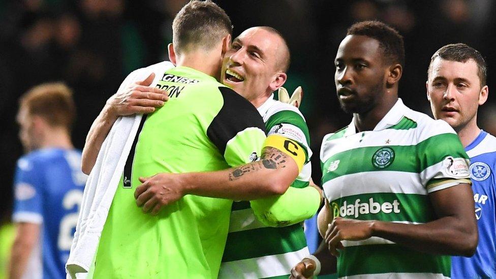 Celtic captain Scott Brown celebrates his 400th game for the club and the 1-0 win over St Johnstone