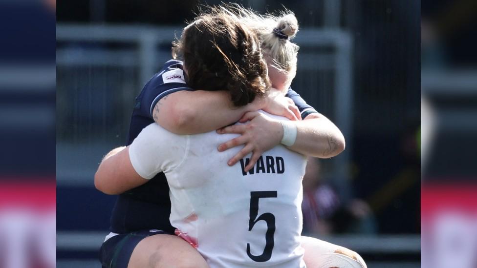 Abbie Ward with Scotland's Lana Skeldon at the Rugby Union Six Nations in April 2024