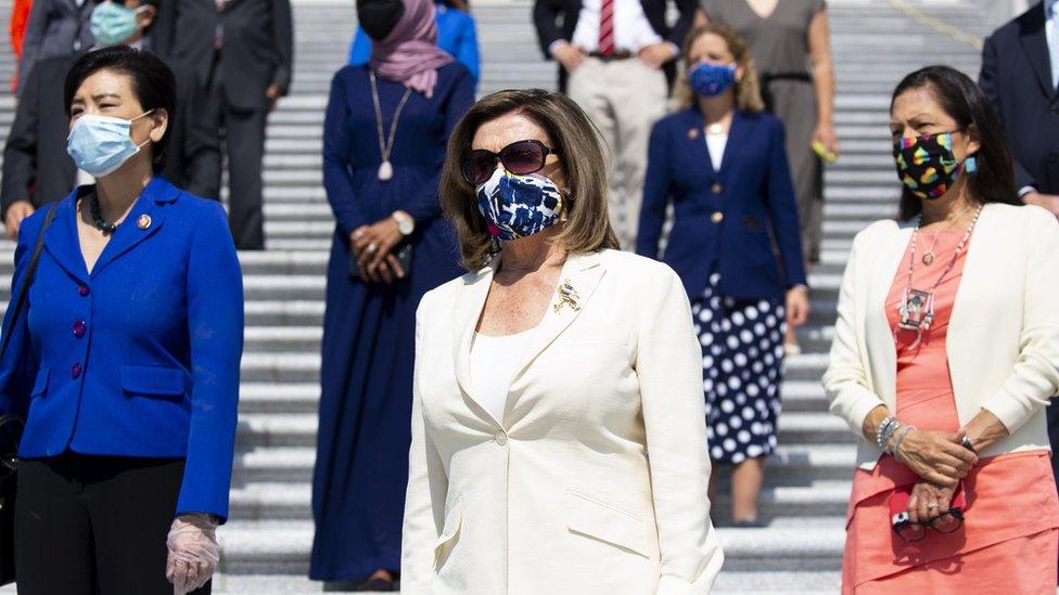 US Speaker of the House Nancy Pelosi (C) joins House Democrats in a press event to discuss the George Floyd Justice in Policing Act before the House votes on the legislation, outside the East Front steps of the US House of Represenatives on Capitol Hill in Washington DC, USA, 25 June 2020