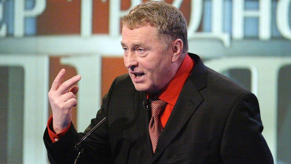 Vladimir Zhirinovsky, leader of Ultra-nationalist Russian Liberal Democratic Party, speaks after attending a television show at Russian NTV channel on the night of parliamentary election December 7, 2003
