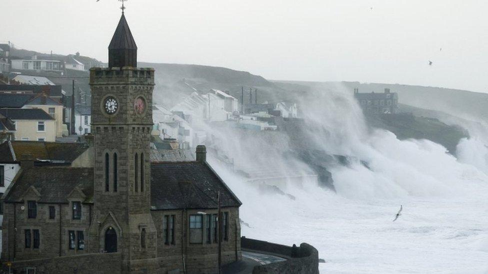 Large waves and strong winds hit during Storm Eunice, in Porthleven, Cornwall