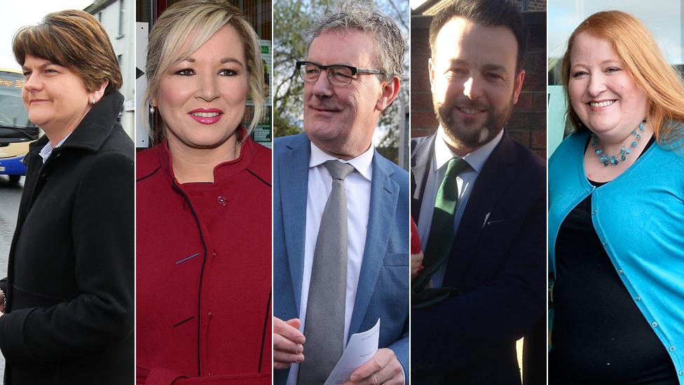 Arlene Foster, Michelle O'Neill, Mike Nesbitt, Colum Eastwood, naomi Long