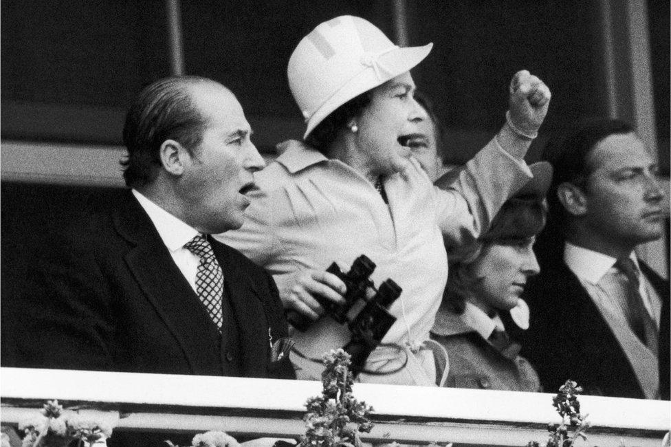 The Queen watches the finish of the Derby on 8 June 1978