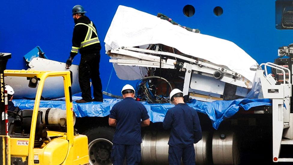 A view of the Horizon Arctic ship, as salvaged pieces of the Titan submersible from OceanGate Expeditions are returned, in St. John's harbour, Newfoundland, Canada, on 28 June 2023