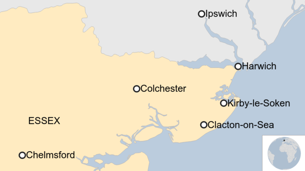 Map showing Kirby-le-Soken and other towns in Essex and Suffolk