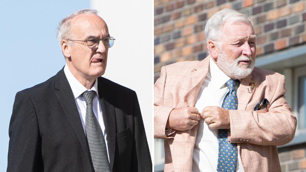 A composite image showing Robin Griffiths on the left wearing a black suit, white shirt and chequered tie. He has short grey hair and glasses. On the right, Angus Riddell wears a salmon suit and white shirt with a blue patterned tie. He has a white beard and white hair.