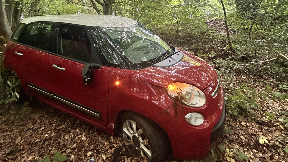 A red Fiat 500L car with a broken wing mirror, inflated air bag and broken bumper visible, in a woodland area