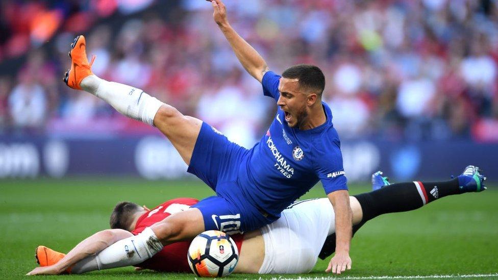 Eden Hazard of Chelsea is fouled by Phil Jones of Manchester United for a penalty during The Emirates FA Cup Final between Chelsea and Manchester United at Wembley Stadium on May 19, 2018 in London, England.