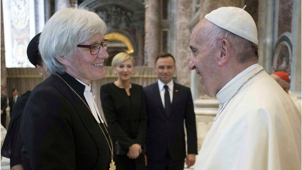 Pope Francis and Sweden's archbishop, Antje Jackelen.