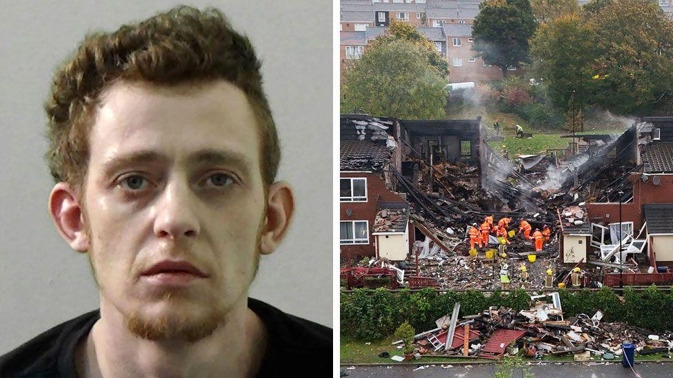 A composite image of Reece Galbraith and the scene of the explosion on Violet Close