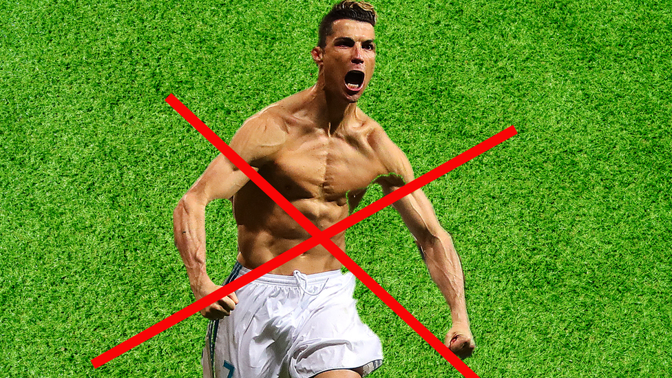 Ronaldo celebrates a goal by taking his shirt off