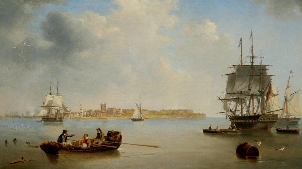 Painting of old ships in bay next to Hartlepool