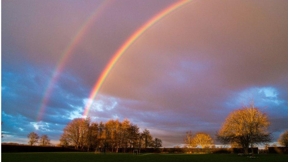 Rain during the day cleared with a lovely double rainbow, near Combe.