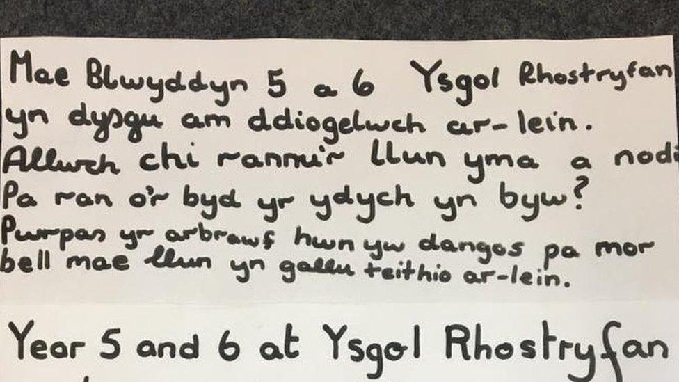 Y llythr gan ddisgyblion Rhostryfan sydd wedi teithio'r byd (yn electronig)