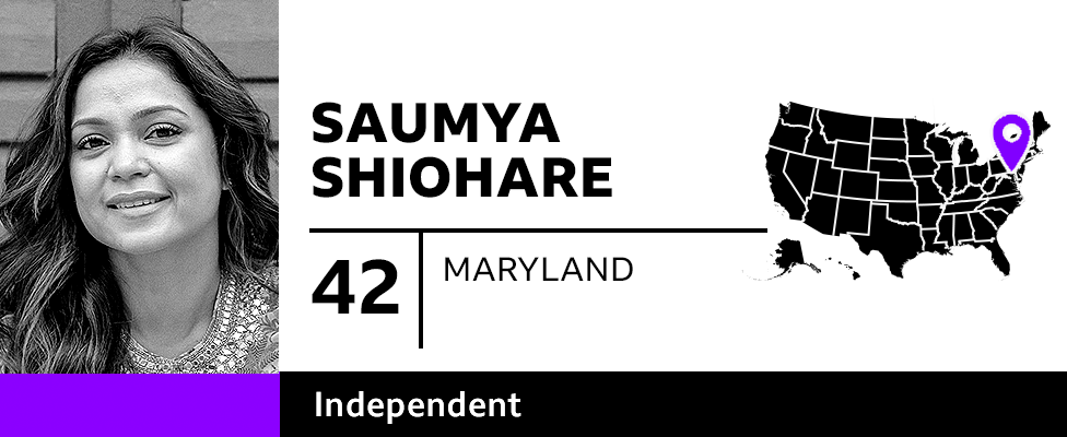 Graphic with photo of Saumya Shiohare, 42, of Maryland