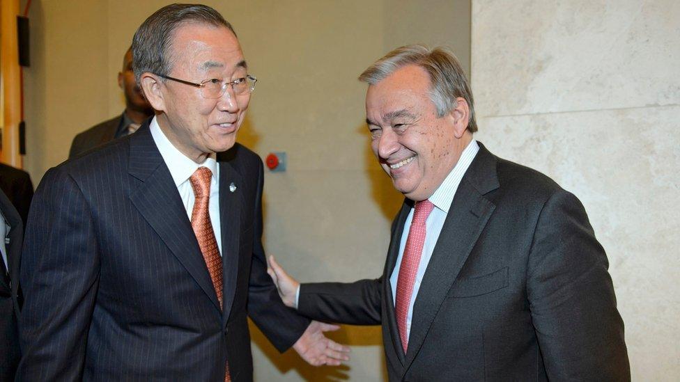 Outgoing UN secretary general Ban Ki-moon is welcomed by his successor Antonio Guterres to the UNHCR headquarters in 2014