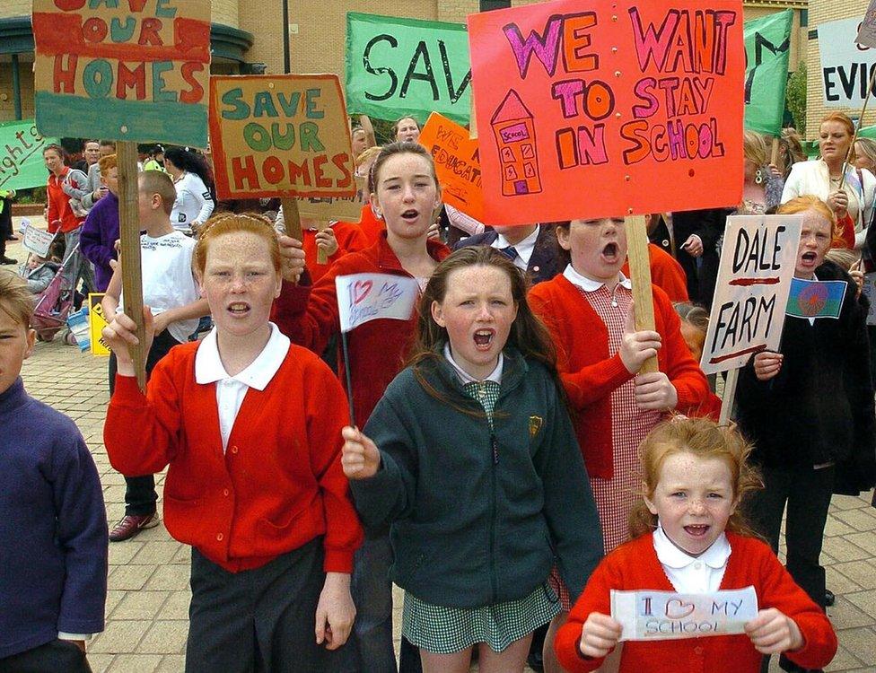 Young travellers from Dale Farm at Crays Hill, Essex protest over the threat of eviction from their site