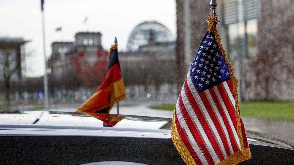 Barack Obama's car arrives at the Chancellery, Berlin, where he is welcomed by German Chancellor Angela Merkel. 17 Nov 2016