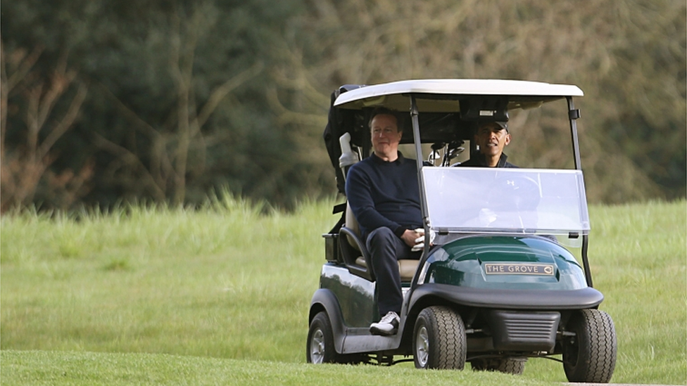 David Cameron and Barack Obama in golf buggy