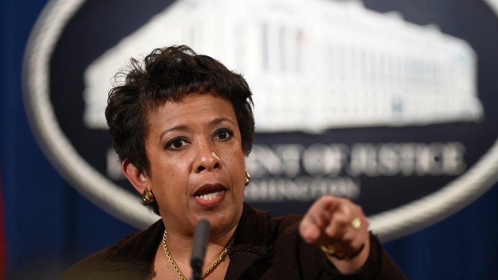 Loretta Lynch speaking at a press conference