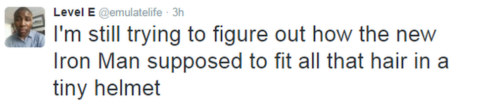 A tweet reads: "I'm still trying to figure out how the new Iron Man supposed to fit all that hair in a tiny helmet"