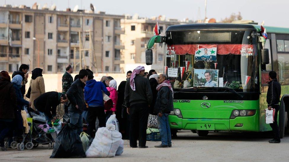 Syrians families who were displaced from eastern Aleppo last month wait for a security check to be able to return to their homes in the Masaken Hanano district of Aleppo, Syria (4 December 2016)