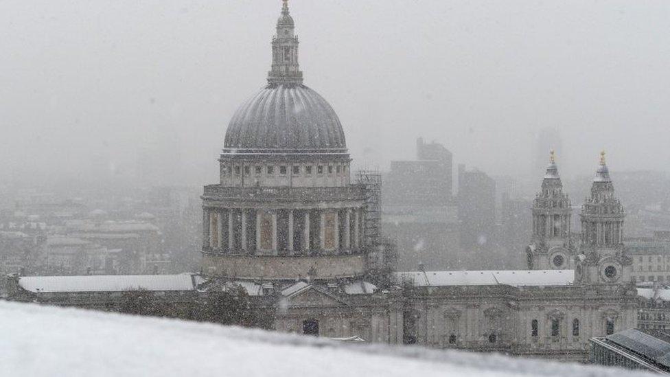 St Paul's Cathedral just visible in the snow