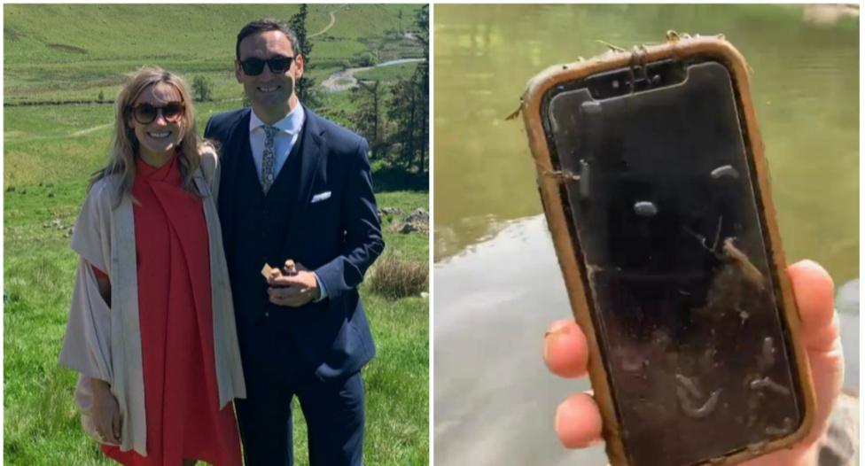 Fiona Gardner and Owain Davies and a muddy phone