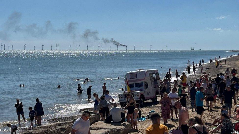 The wind turbine fire from the beach at Hemsby