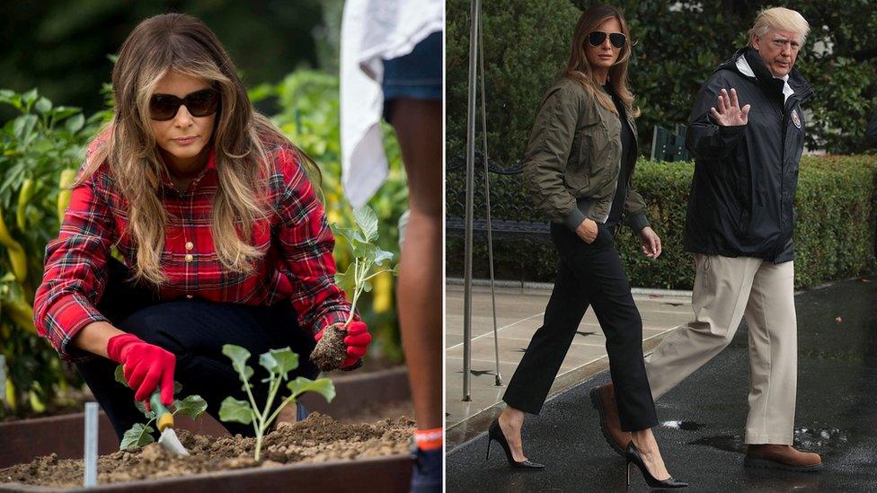 Collage photograph of Melania gardening in checked shirt and wearing heels and bomber jacket