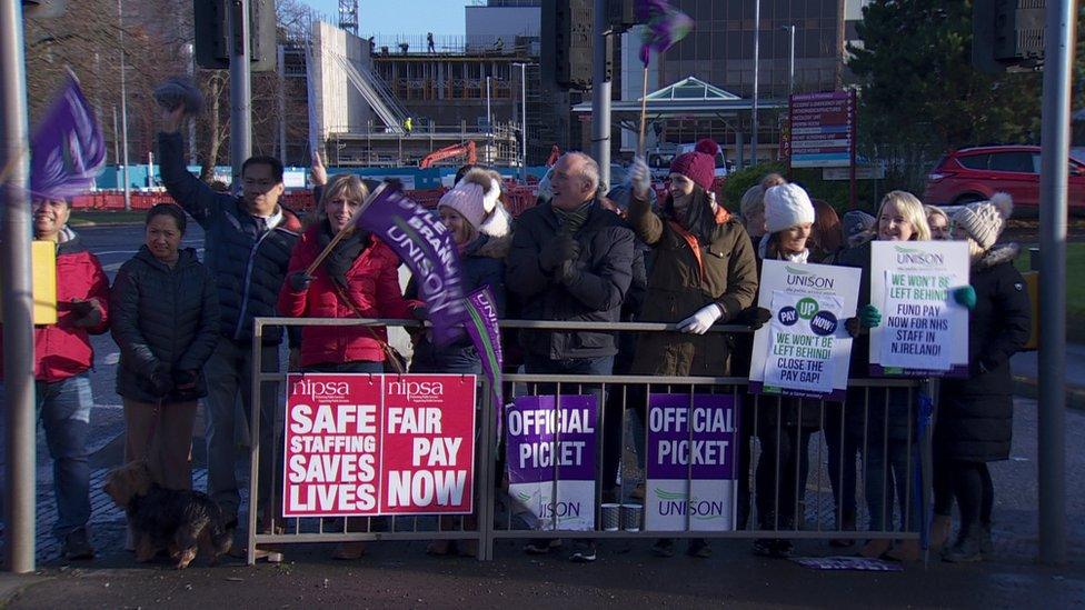 Unison health workers at a picket line at Altnagelvin Hospital in Londonderry