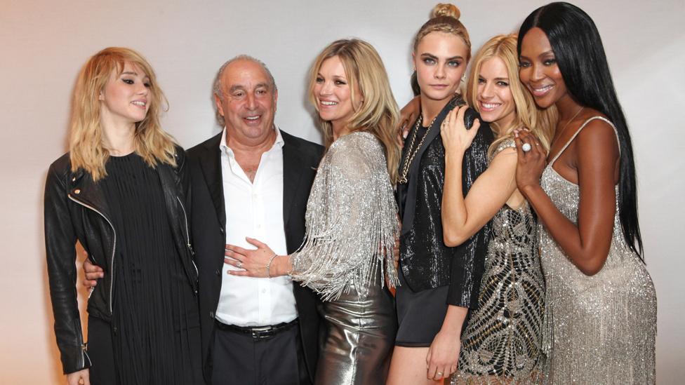 Sir Philip Green, with models/actresses (L-R) Suki Waterhouse, Kate Moss, Cara Delevingne, Sienna Miller and Naomi Campbell in 2014