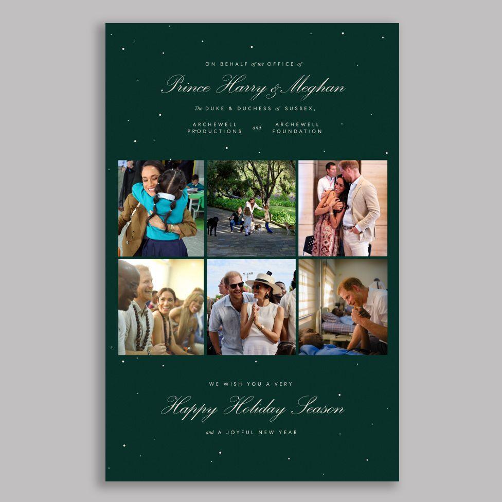 The Duke and Duchess of Sussex's official Christmas card. It features six images including three of the couple together, one with their two children and one with Meghan hugging a young girl, a sixth with Harry holding the hand of a man lying in bed. Message reads "On behalf of the office of Prince Harry and Meghan, the Duke and Duchess of Sussex, Archewell Productions and Archewell Foundation, we wish you a very happy holiday season and a joyful New Year."