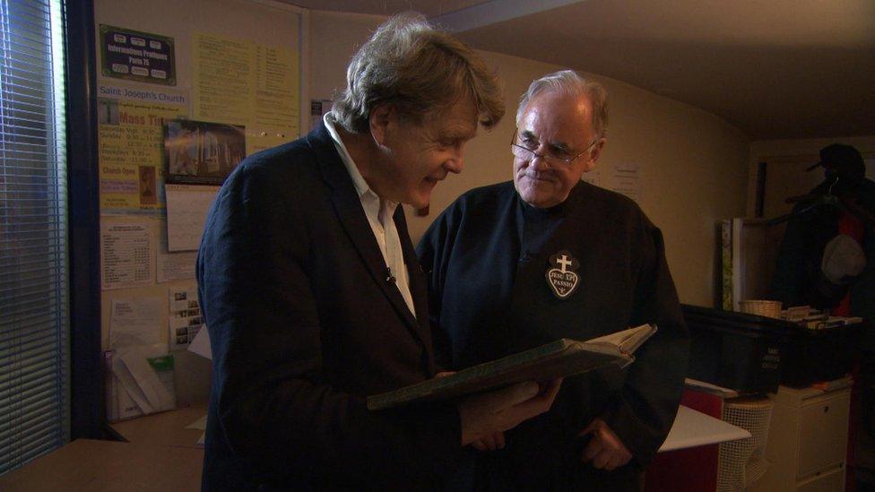 Merlin Holland with Fr Aidan Troy at St Joseph’s Church, Paris, during filming for Edward Carson And The Fall Of Oscar Wilde