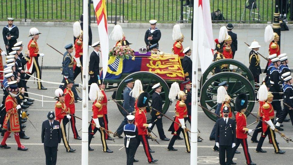 The Queen's coffin has been placed back onto the State Gun Carriage