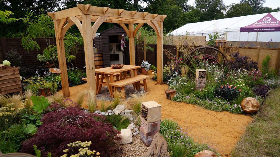 An outdoor garden display with a wooden bench and pergola and other plants outside. 