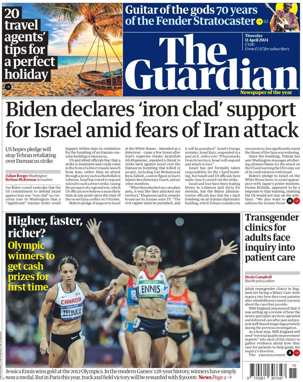 The headline in the Guardian reads: Biden declares 'iron clad' support for Israel amid fears of Iran attack