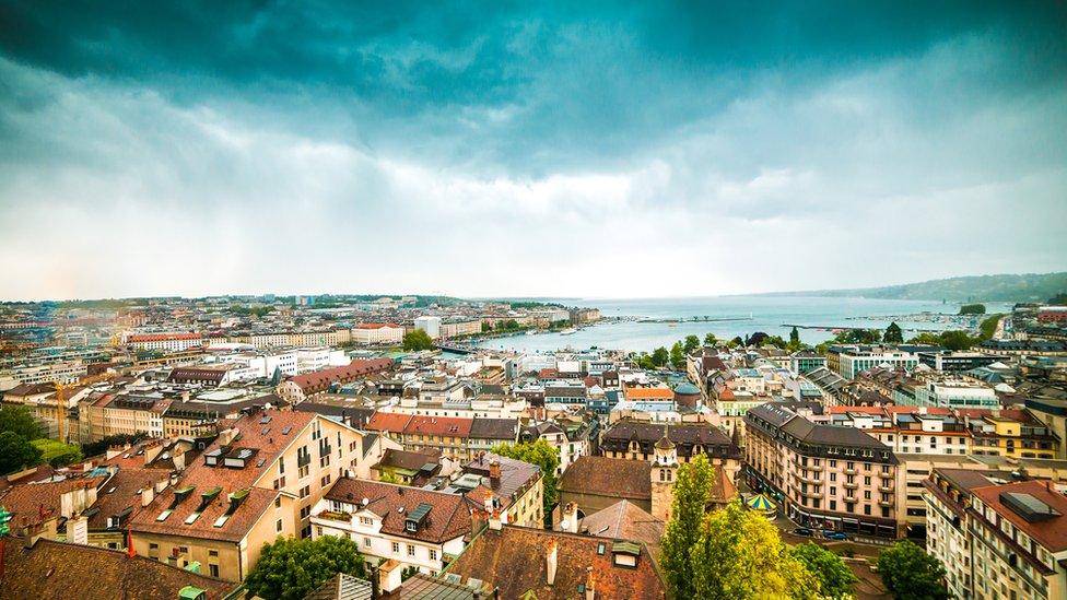 An aerial view of Geneva old town looking out to Lake Geneva