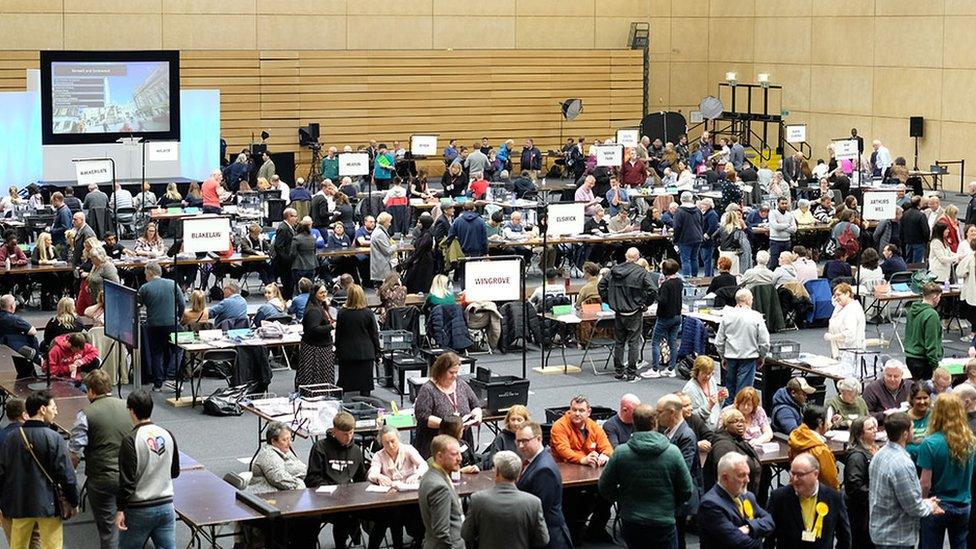 Votes being counted at Sports Central in Newcastle Upon Tyne in the 2023 local elections