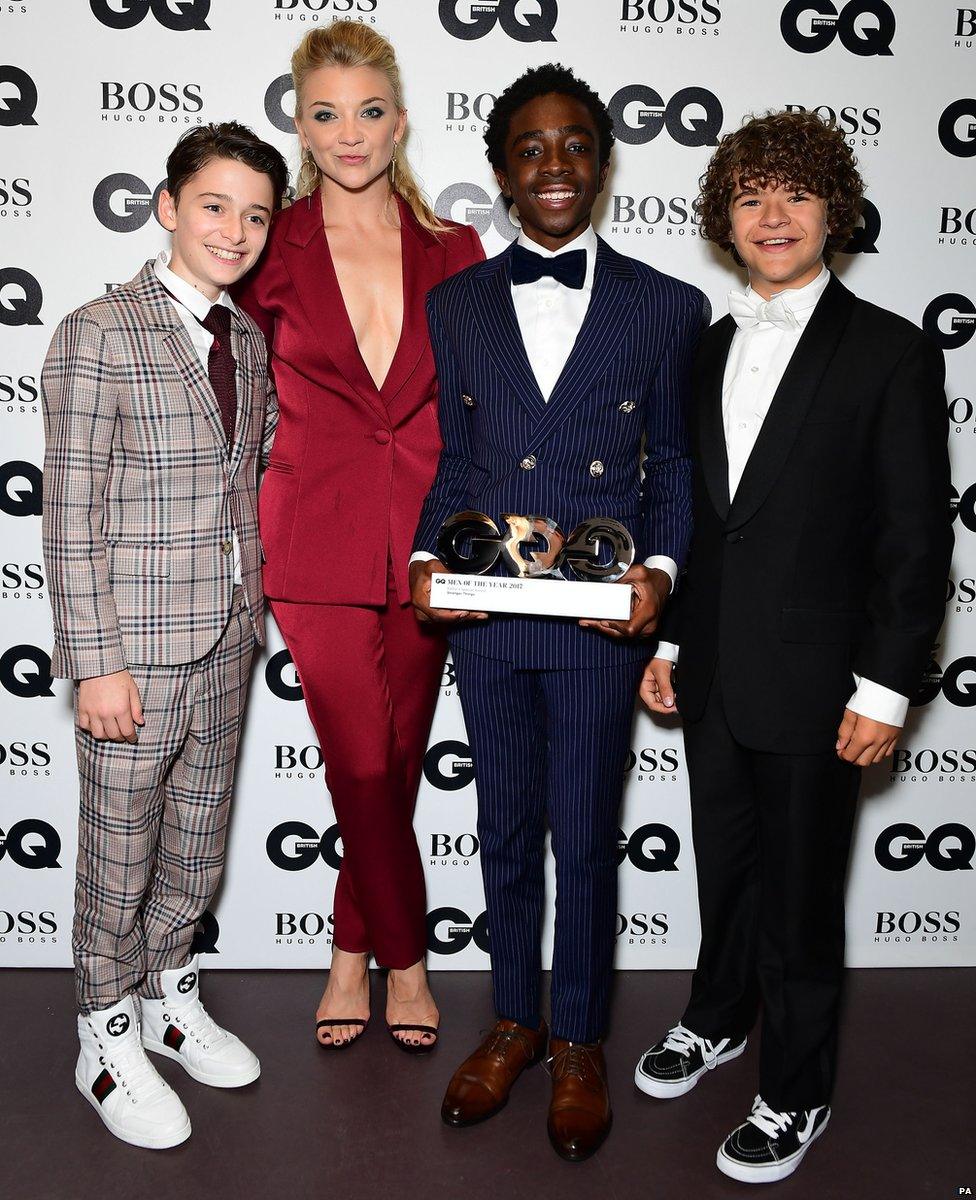 Noah Schnapp (left), Caleb McLaughlin (centre) and Gaten Matarazzo with Natalie Dormer