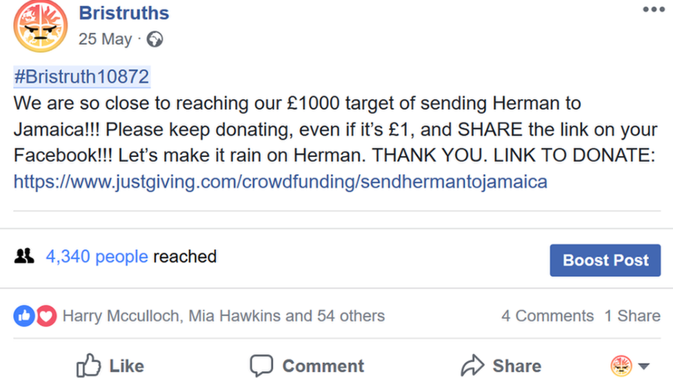 A Facebook post about the crowdfunding target