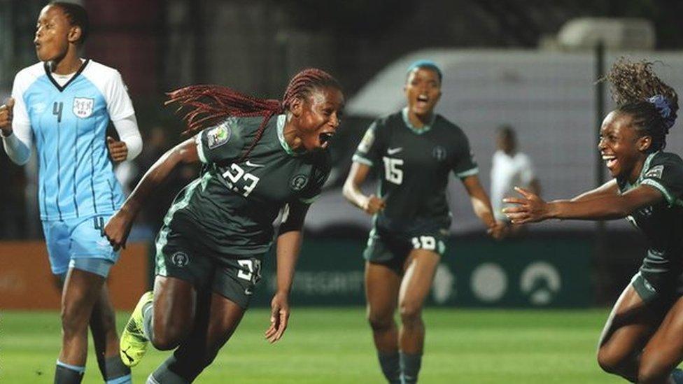 Christy Ucheibe celebrates her goal for Nigeria