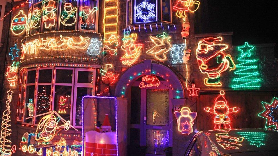 House covered in Christmas lights