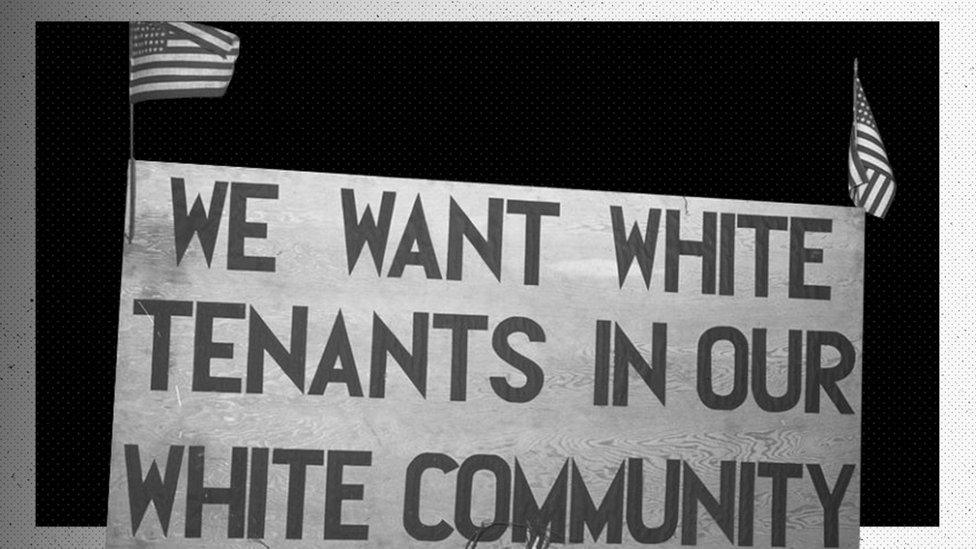 White tenants seeking to prevent African Americans from moving into the Sojourner Truth Homes, a federal governmental housing project, erected this sign. Detroit, Michigan, February 1942