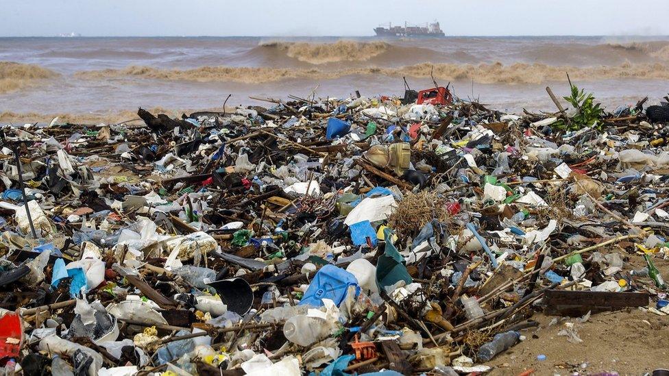 The beach of the coastal town of Zouk Mosbeh, north of Beirut, covered with waste washed along the shore after stormy weather. 23 Jan 2017