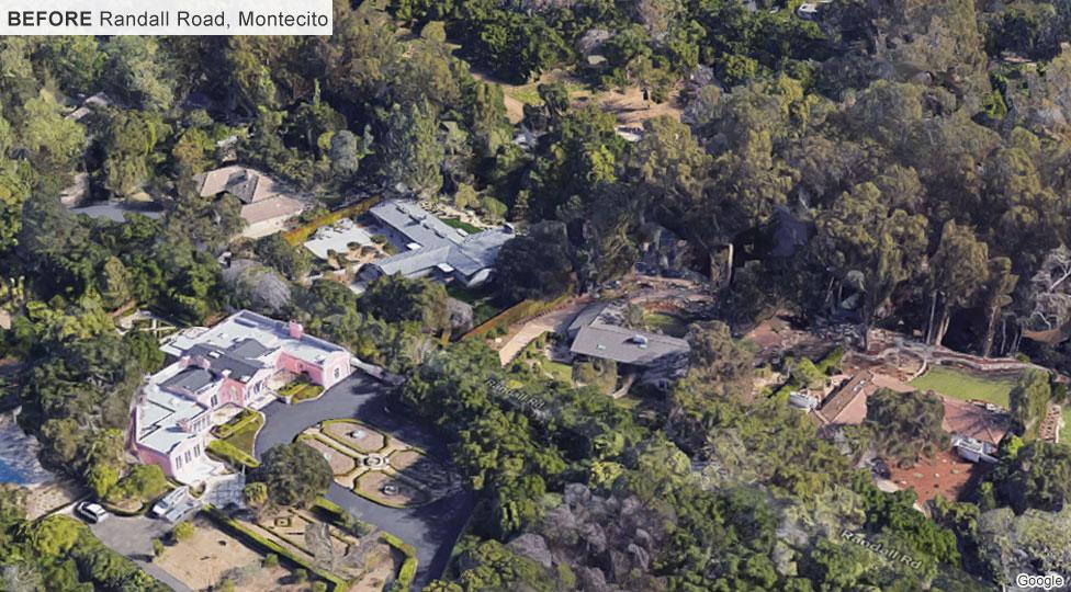 aerial shot of Randall Road, Montecito before the flood - house roofs, gardens and trees